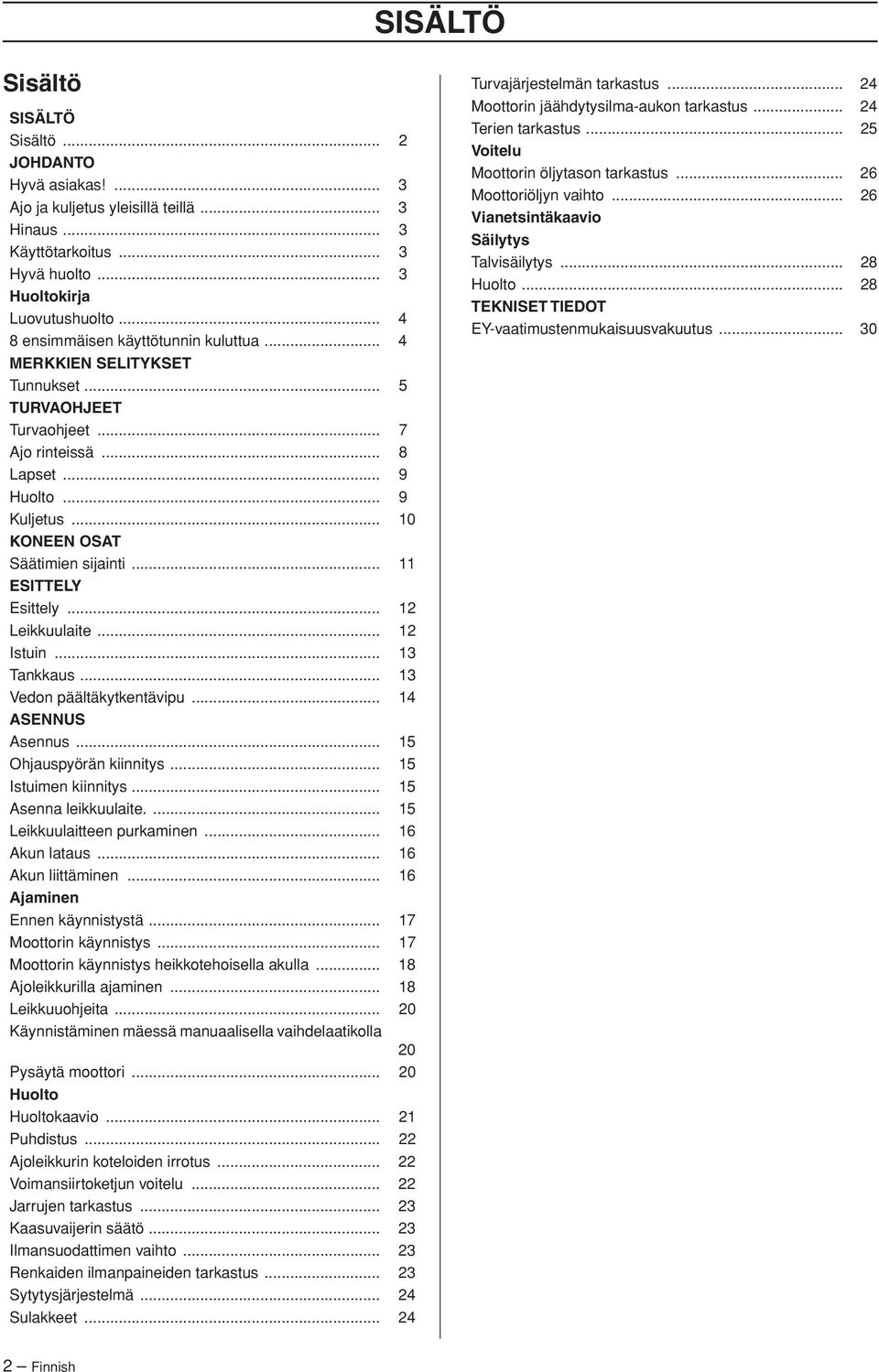 .. 11 ESITTELY Esittely... 12 Leikkuulaite... 12 Istuin... 13 Tankkaus... 13 Vedon päältäkytkentävipu... 14 ASENNUS Asennus... 15 Ohjauspyörän kiinnitys... 15 Istuimen kiinnitys.