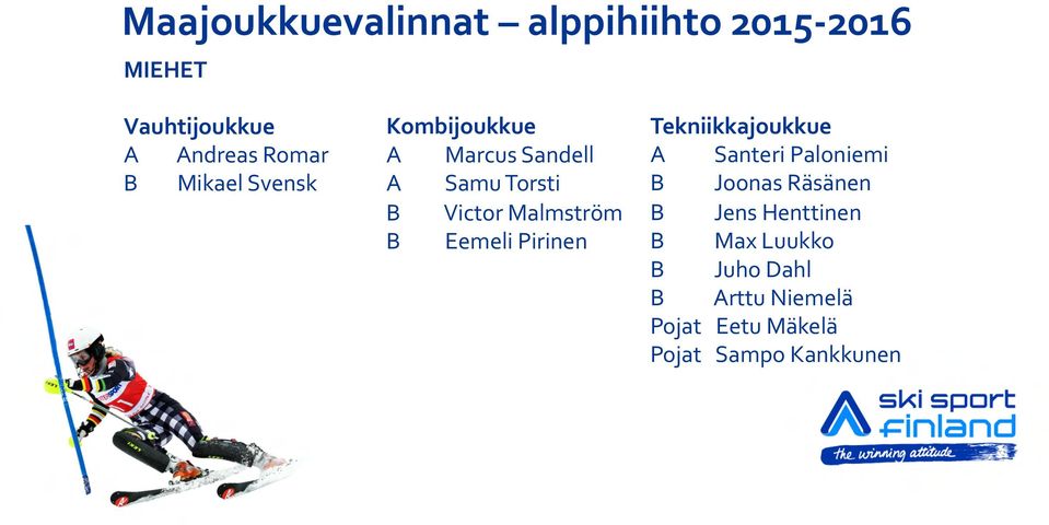 Eemeli Pirinen Tekniikkajoukkue A Santeri Paloniemi B Joonas Räsänen B Jens