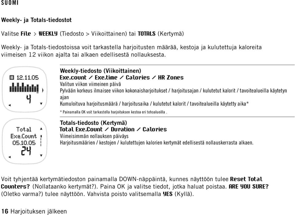 time / Calories / HR Zones Valitun viikon viimeinen päivä Pylvään korkeus ilmaisee viikon kokonaisharjoitukset / harjoitusajan / kulutetut kalorit / tavoitealueilla käytetyn ajan Kumuloituva