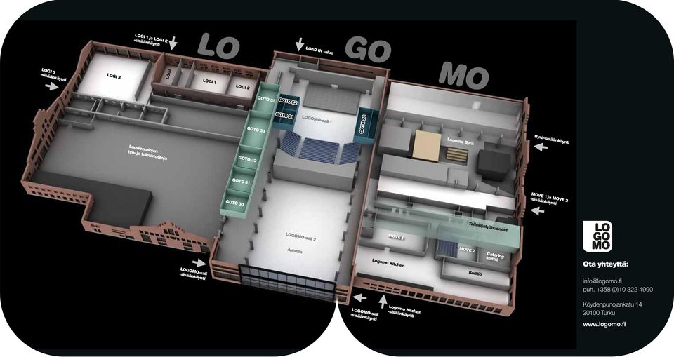 1 ja MOVE 2 -sisäänkäynti LOGOMO-sali 2 MOVE 1 Aulatila Logomo Kitchen MOVE 2 Cateringkeittiö Ota yhteyttä: LOGOMO-sali -sisäänkäynti