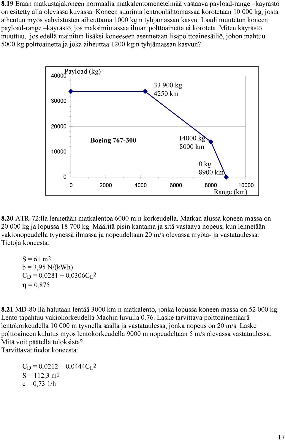 Laadi muutetun koneen payload-range käyrästö, jos maksimimassaa ilman polttoainetta ei koroteta.