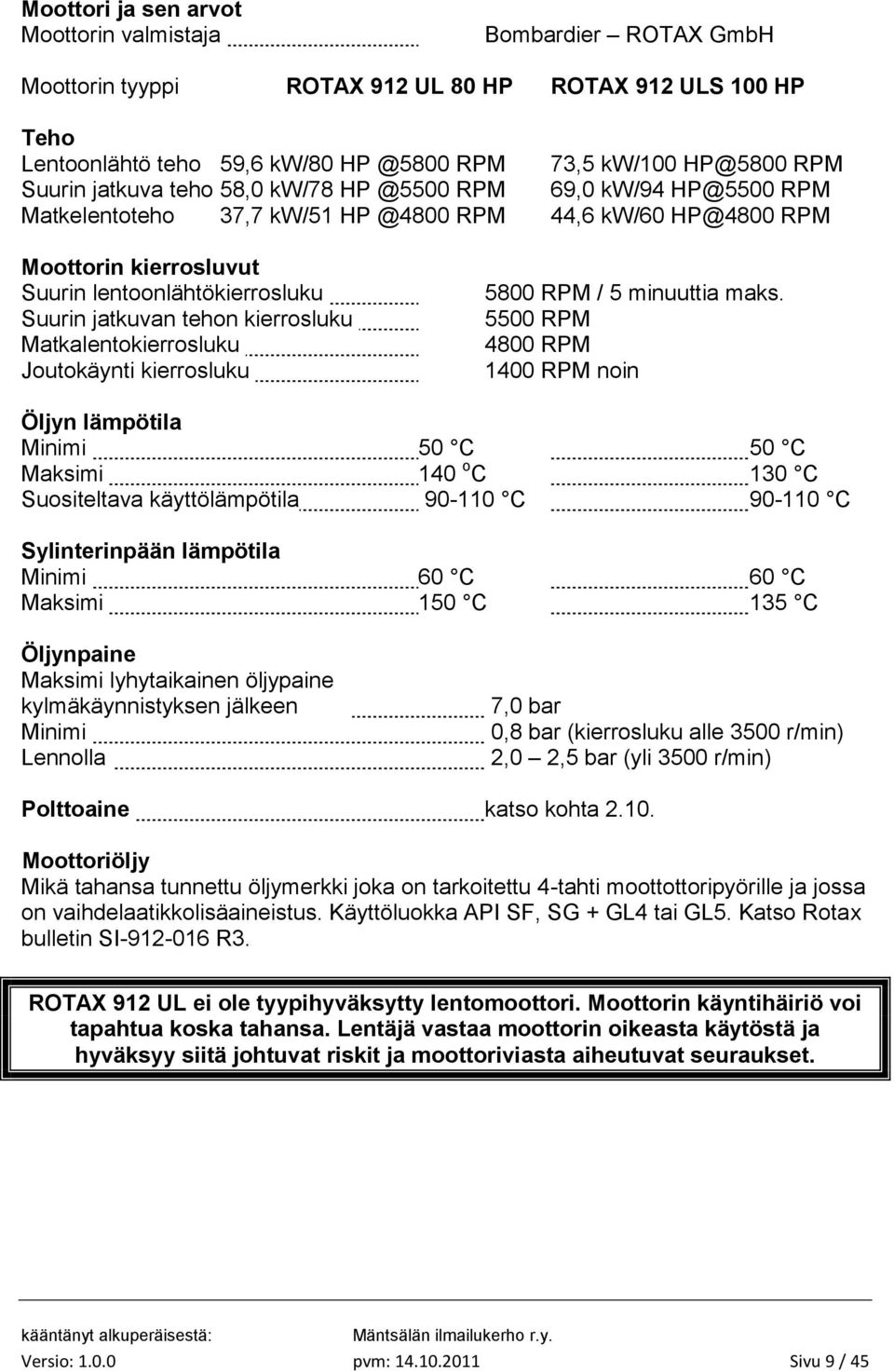 kierrosluku Matkalentokierrosluku Joutokäynti kierrosluku 5800 RPM / 5 minuuttia maks.