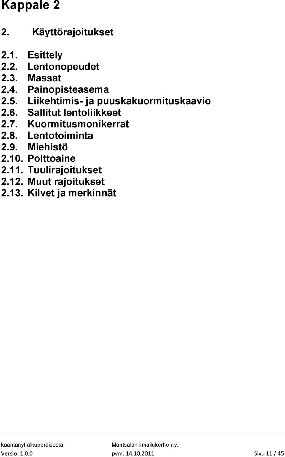 7. Kuormitusmonikerrat 2.8. Lentotoiminta 2.9. Miehistö 2.10. Polttoaine 2.11.