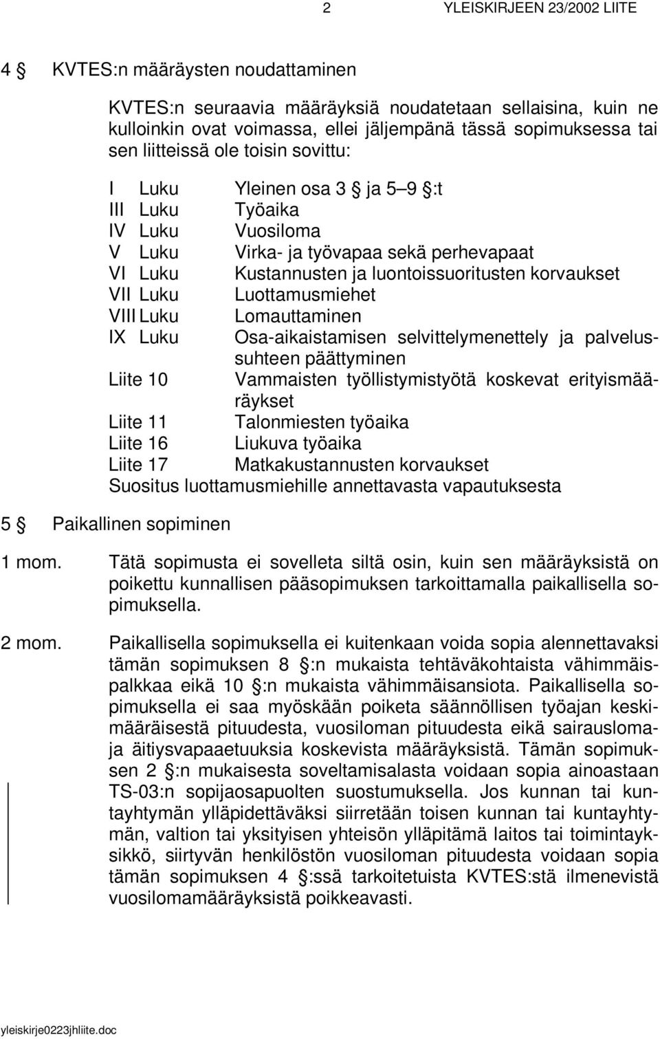 Luku Luottamusmiehet VIII Luku Lomauttaminen IX Luku Osa-aikaistamisen selvittelymenettely ja palvelussuhteen päättyminen Liite 10 Vammaisten työllistymistyötä koskevat erityismääräykset Liite 11