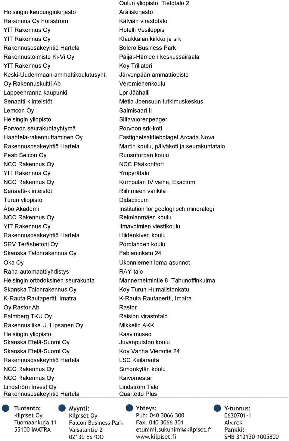 Järvenpään ammattiopisto Oy Rakennuskultti Ab Veromiehenkoulu Lappeenranna kaupunki Lpr Jäähalli Metla Joensuun tutkimuskeskus Lemcon Oy Salmisaari II Siltavuorenpenger Porvoon seurakuntayhtymä