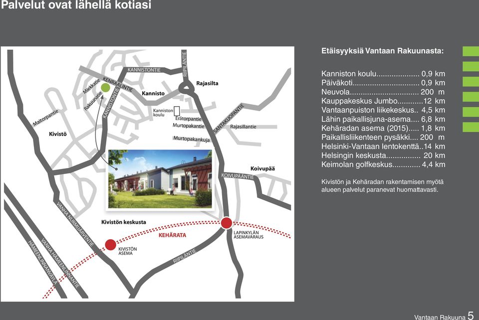 ..12 km Vantaanpuiston liikekeskus.. 4,5 km Lähin paikallisjuna-asema... 6,8 km Kehäradan asema (2015)... 1,8 km Paikallisliikenteen pysäkki... 200 m Helsinki-Vantaan lentokenttä.