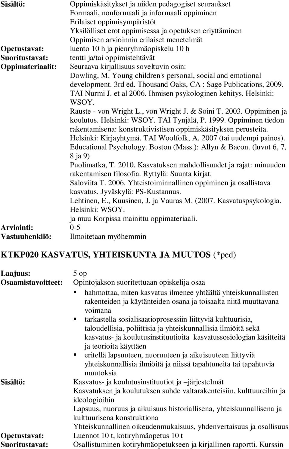 Young children's personal, social and emotional development. 3rd ed. Thousand Oaks, CA : Sage Publications, 2009. TAI Nurmi J. et al 2006. Ihmisen psykologinen kehitys. Helsinki: WSOY.