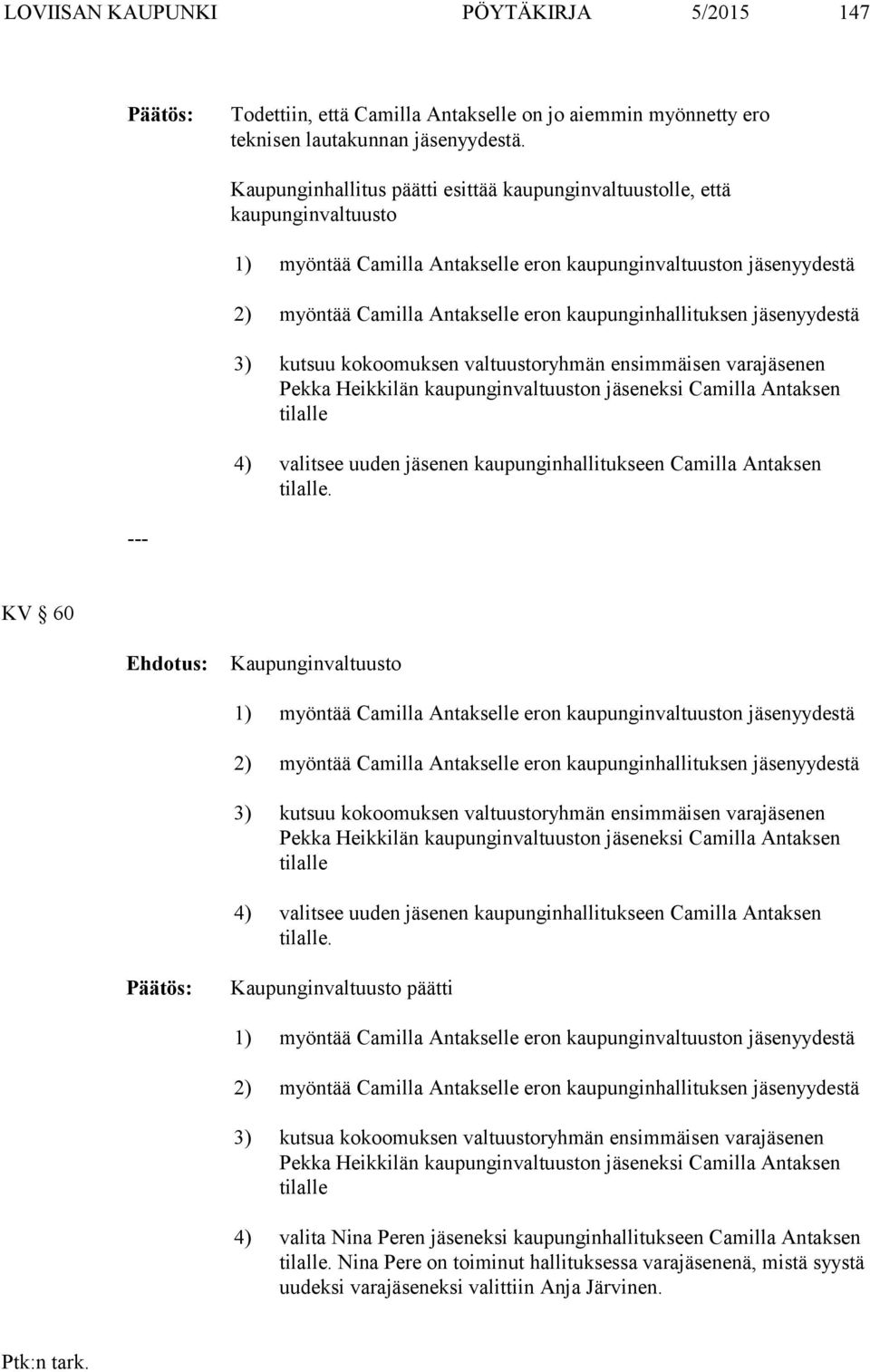 yydestä 3) kutsuu kokoomuksen valtuustoryhmän ensimmäisen varaen Pekka Heikkilän kaupunginvaltuuston eksi Camilla Antaksen tilalle 4) valitsee uuden en kaupunginhallitukseen Camilla Antaksen tilalle.