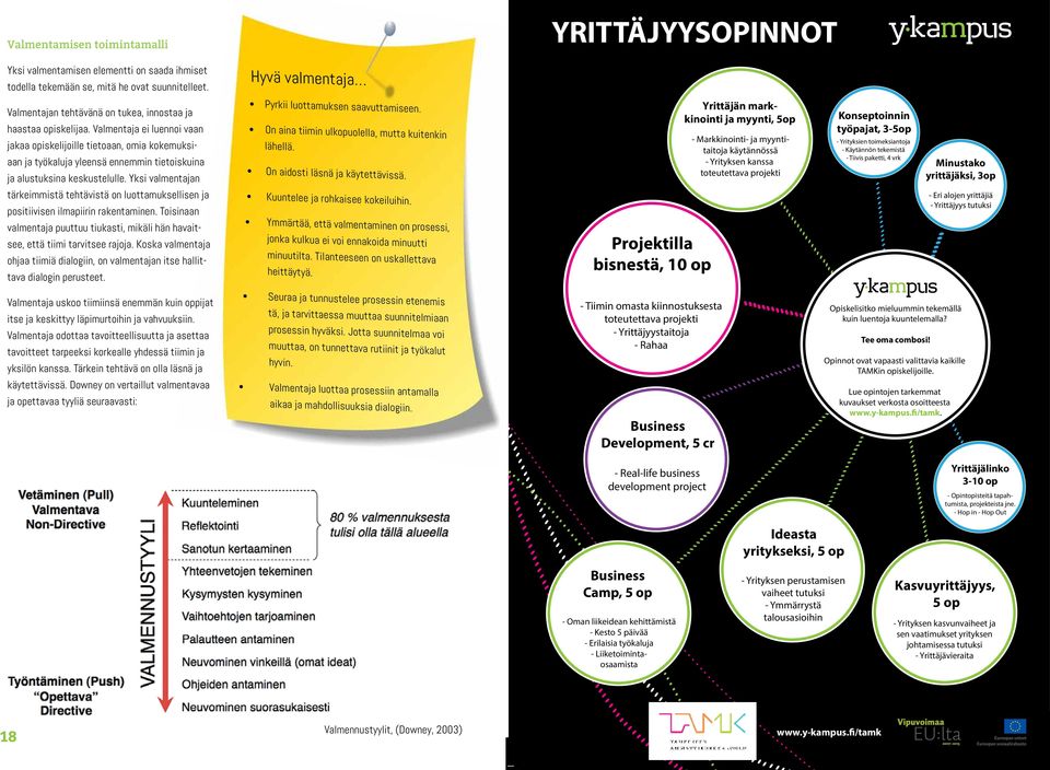 Valmentaja ei luennoi vaan jakaa opiskelijoille tietoaan, omia kokemuksiaan ja työkaluja yleensä ennemmin tietoiskuina ja alustuksina keskustelulle.