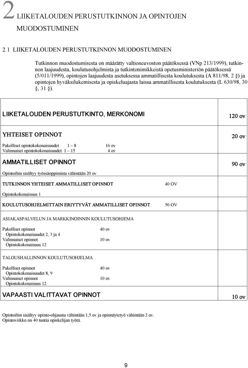 opetusministeriön päätöksessä (5/011/1999), opintojen laajuudesta asetuksessa ammatillisesta koulutuksesta (A 811/98, 2 ) ja opintojen hyväksilukemisesta ja opiskeluajasta laissa ammatillisesta