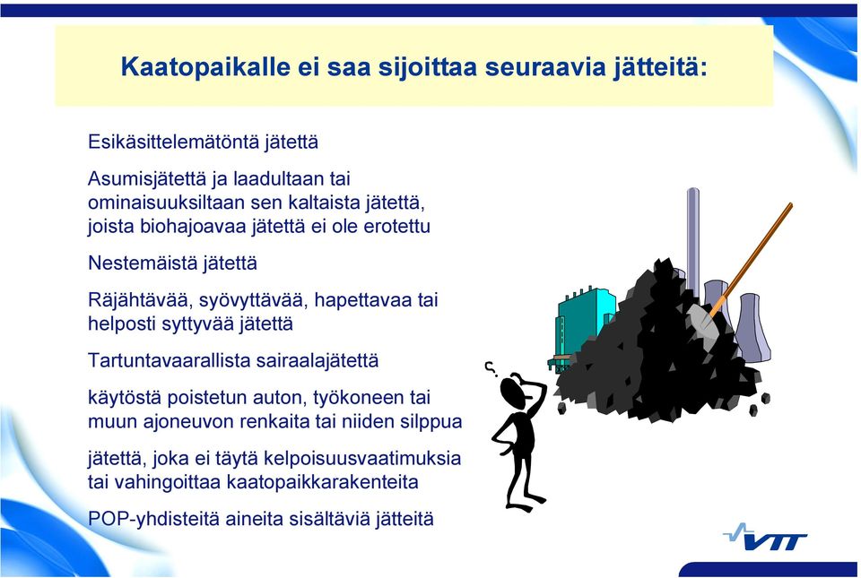 helposti syttyvää jätettä Tartuntavaarallista sairaalajätettä käytöstä poistetun auton, työkoneen tai muun ajoneuvon renkaita tai