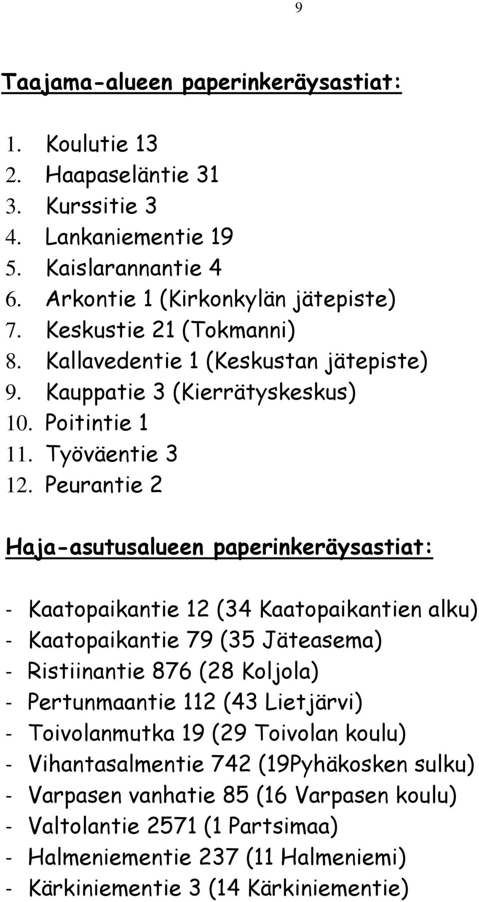 Peurantie 2 Haja-asutusalueen paperinkeräysastiat: - Kaatopaikantie 12 (34 Kaatopaikantien alku) - Kaatopaikantie 79 (35 Jäteasema) - Ristiinantie 876 (28 Koljola) - Pertunmaantie 112
