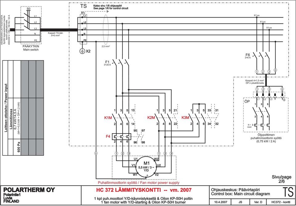 ÖP=,2 kw) 600 Pa KM F4 2 3 4 5 6 2 4 6 3 4 95 97 96 98 K2M 2 3 2 3 2 3 4 5 6 2 22 K3M 2 3 4 5 6 33 3 34 32 ÖP R= reset 2 2 3 L L2 L3 3 4 Öljypolttimen puhallinmoottorin syöttö (0,75 kw / 2 A) 5 6