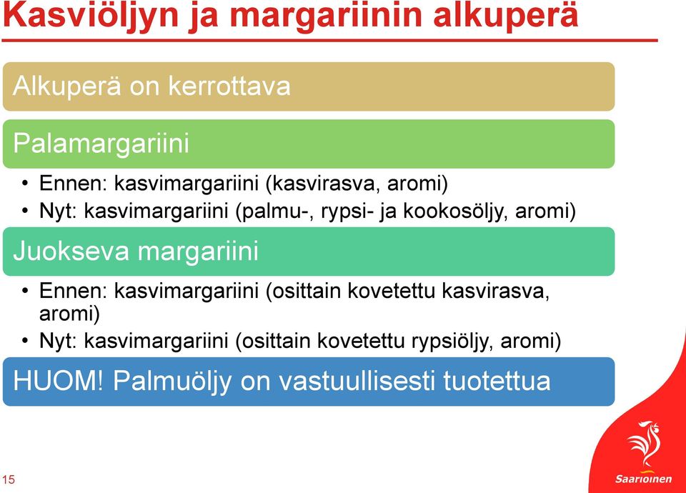 aromi) Juokseva margariini Ennen: kasvimargariini (osittain kovetettu kasvirasva, aromi)