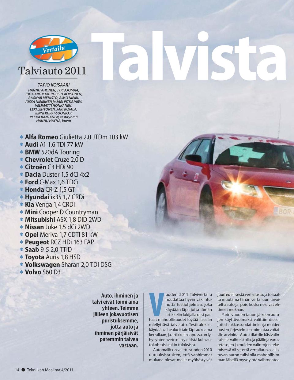 Dacia Duster 1,5 dci 4x2 Ford C-Max 1,6 TDCi Honda CR-Z 1,5 GT Hyundai ix35 1,7 CRDi Kia Venga 1,4 CRDi Mini Cooper D Countryman Mitsubishi ASX 1,8 DID 2WD Nissan Juke 1,5 dci 2WD Opel Meriva 1,7