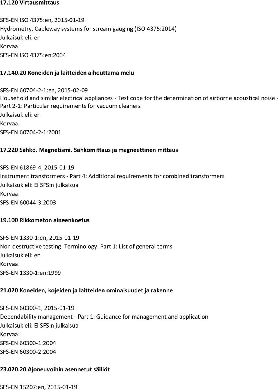 Particular requirements for vacuum cleaners SFS-EN 60704-2-1:2001 17.220 Sähkö. Magnetismi.