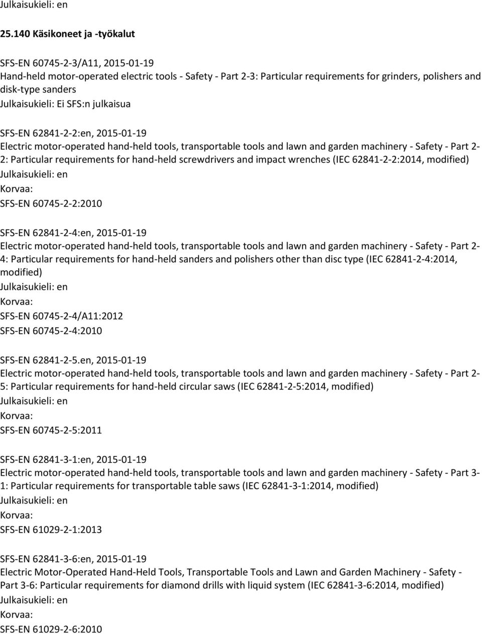 impact wrenches (IEC 62841-2-2:2014, modified) SFS-EN 60745-2-2:2010 SFS-EN 62841-2-4:en, 2015-01-19 Electric motor-operated hand-held tools, transportable tools and lawn and garden machinery -