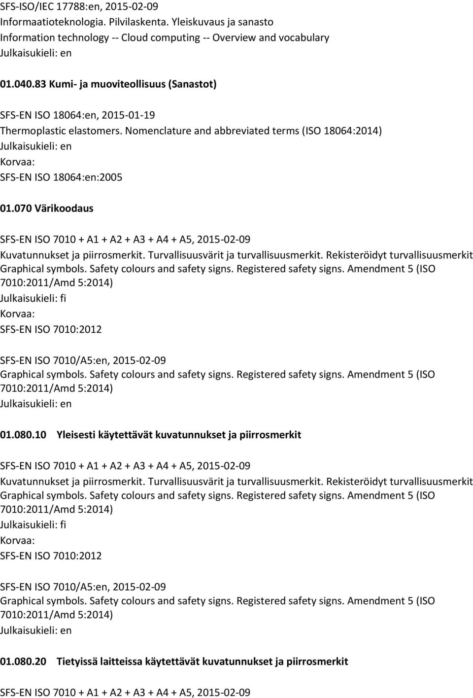 070 Värikoodaus SFS-EN ISO 7010 + A1 + A2 + A3 + A4 + A5, 2015-02-09 Kuvatunnukset ja piirrosmerkit. Turvallisuusvärit ja turvallisuusmerkit. Rekisteröidyt turvallisuusmerkit Graphical symbols.