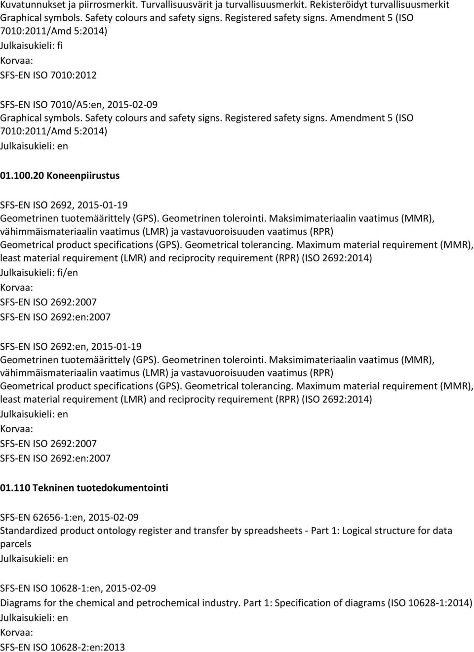 Amendment 5 (ISO 7010:2011/Amd 5:2014) 01.100.20 Koneenpiirustus SFS-EN ISO 2692, 2015-01-19 Geometrinen tuotemäärittely (GPS). Geometrinen tolerointi.