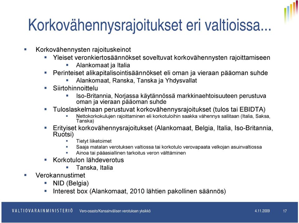 suhde Alankomaat, Ranska, Tanska ja Yhdysvallat Siirtohinnoittelu Iso-Britannia, Norjassa käytännössä markkinaehtoisuuteen perustuva oman ja vieraan pääoman suhde Tuloslaskelmaan perustuvat