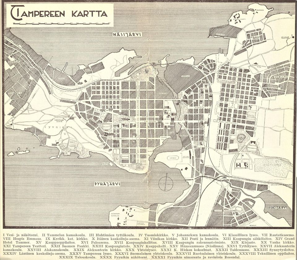 XVII Kaupunginhallitus. XVIII Kaupungin rakennustoimisto. XIX Kirjasto. XX Vanha kirkko. XXI Tampereen Teatteri. XXII Suomen Pankki. XXIII Kaupungintalo. XXIV Kauppahalli.. XXV Hämeenmuseo (Näsilinna).