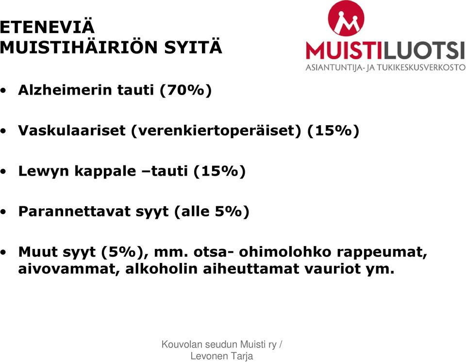 tauti (15%) Parannettavat syyt (alle 5%) Muut syyt (5%), mm.