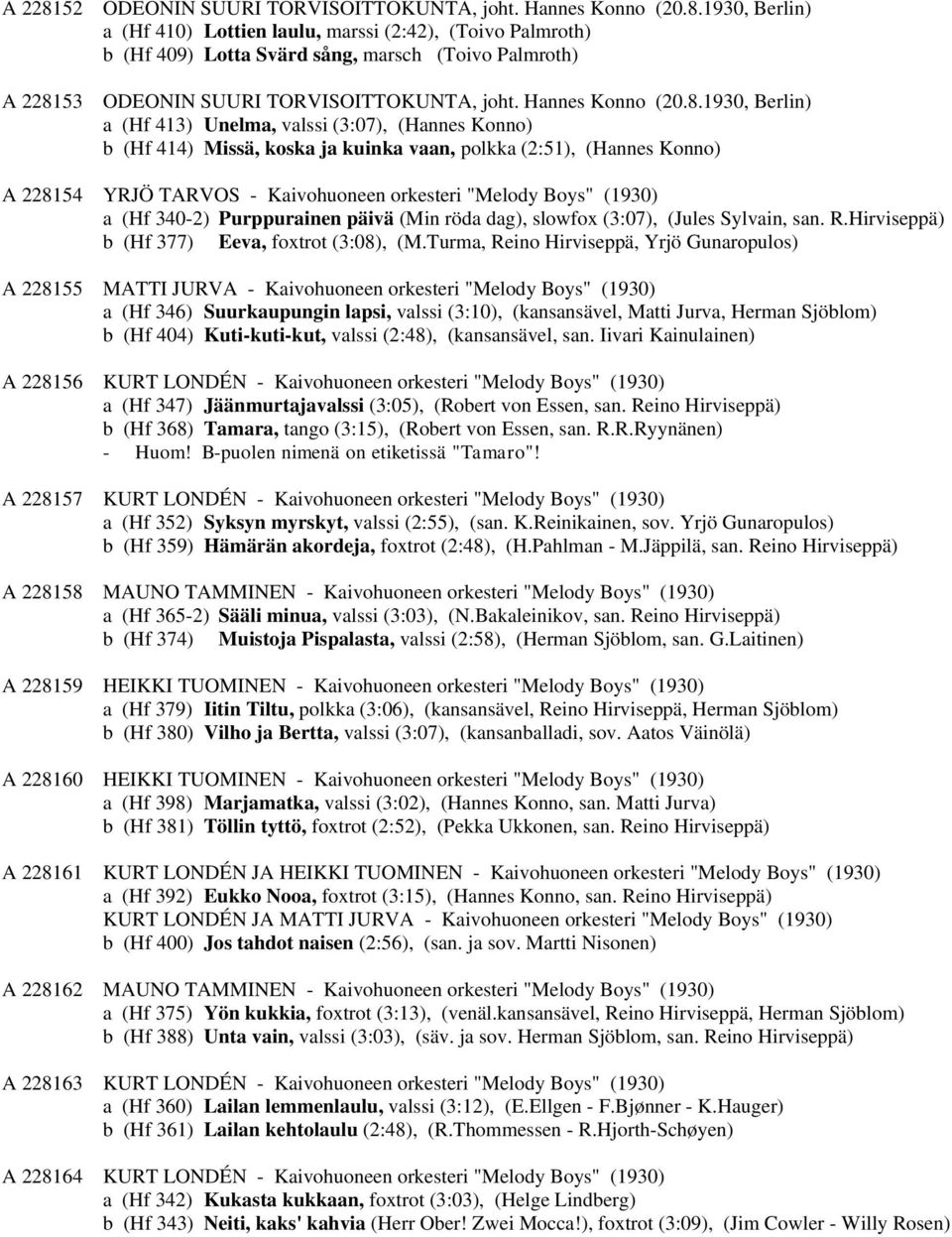 1930, Berlin) a (Hf 413) Unelma, valssi (3:07), (Hannes Konno) b (Hf 414) Missä, koska ja kuinka vaan, polkka (2:51), (Hannes Konno) A 228154 YRJÖ TARVOS - Kaivohuoneen orkesteri "Melody Boys" (1930)