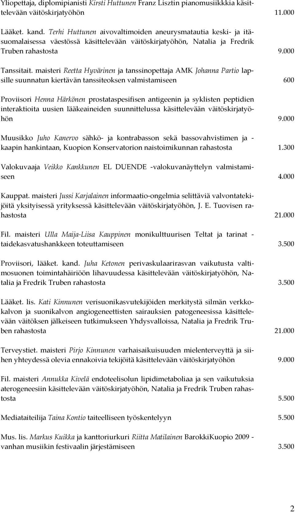 maisteri Reetta Hyvärinen ja tanssinopettaja AMK Johanna Partio lapsille suunnatun kiertävän tanssiteoksen valmistamiseen 600 Proviisori Henna Härkönen prostataspesifisen antigeenin ja syklisten