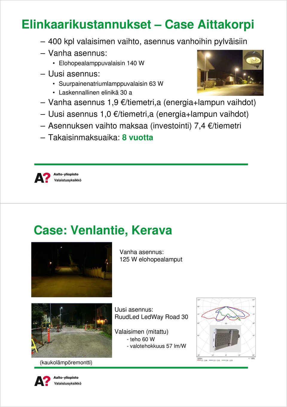 Uusiasennus1,0 /tiemetri,a(energia+lampunvaihdot) Asennuksenvaihtomaksaa(investointi)7,4 /tiemetri Takaisinmaksuaika:8vuotta