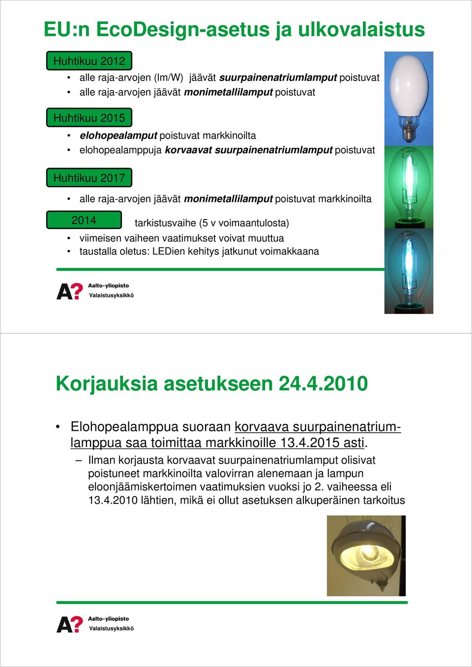 viimeisenvaiheenvaatimuksetvoivatmuuttua taustallaoletus:ledienkehitysjatkunutvoimakkaana Korjauksiaasetukseen24.4.2010 Elohopealamppuasuoraankorvaavasuurpainenatriumlamppuasaatoimittaamarkkinoille13.