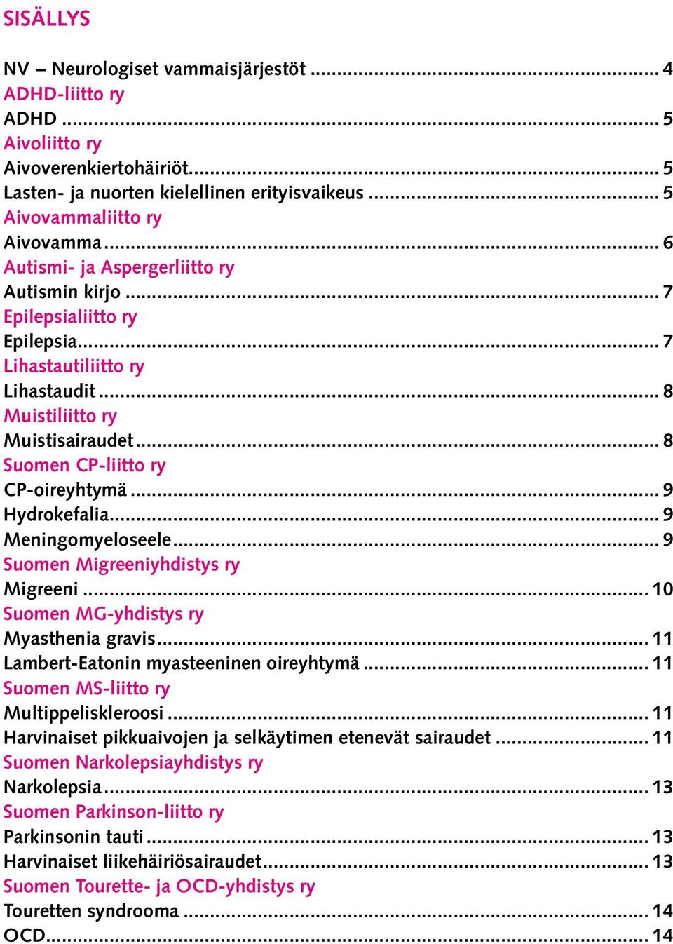 .. 9 Hydrokefalia... 9 Meningomyeloseele... 9 Suomen Migreeniyhdistys ry Migreeni... 10 Suomen MG-yhdistys ry Myasthenia gravis... 11 Lambert-Eatonin myasteeninen oireyhtymä.