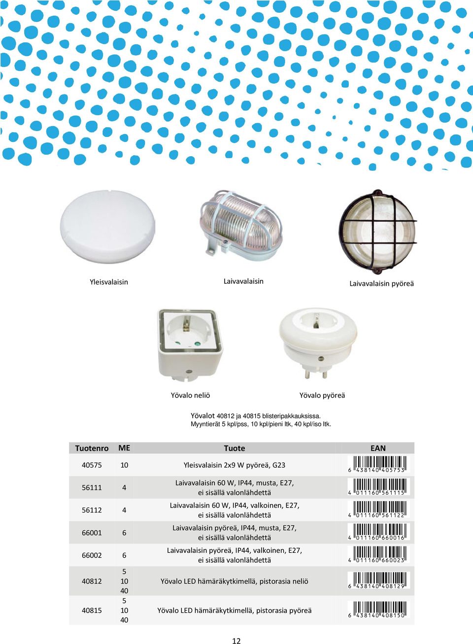 valonlähdettä 4 011160 561115 Laivavalaisin 60 W, IP44, valkoinen, E27, ei sisällä valonlähdettä 4 011160 561122 Laivavalaisin pyöreä, IP44, musta, E27, ei sisällä valonlähdettä 4 011160