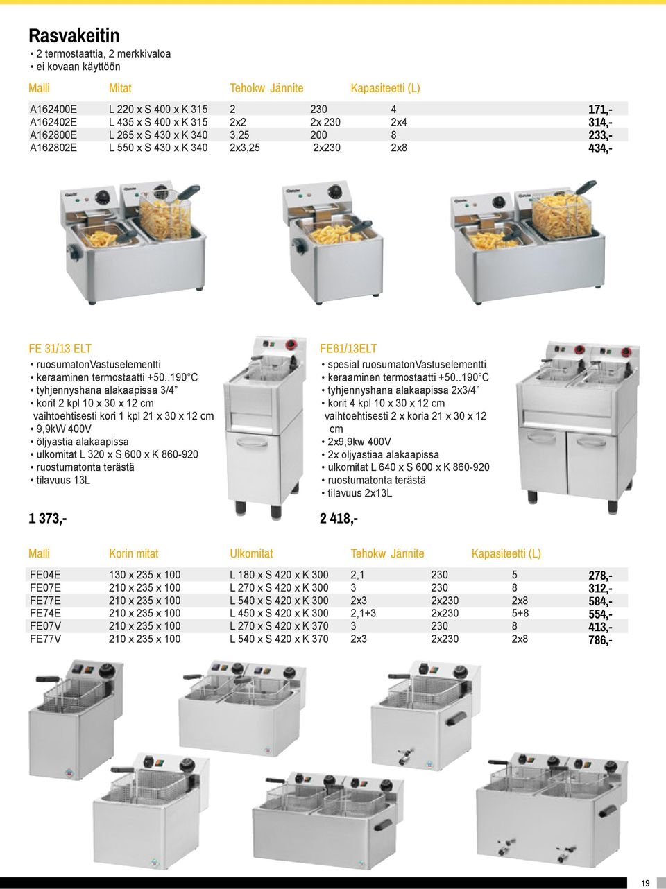 .190 C tyhjennyshana alakaapissa 3/4 korit 2 kpl 10 x 30 x 12 cm vaihtoehtisesti kori 1 kpl 21 x 30 x 12 cm 9,9kW 400V öljyastia alakaapissa ulkomitat L 320 x S 600 x K 860-920 ruostumatonta terästä