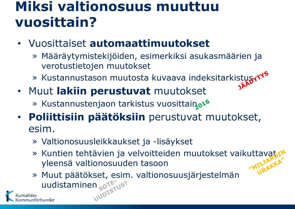 muutosta kuvaava indeksitarkistus Muut lakiin perustuvat muutokset» Kustannustenjaon tarkistus vuosittain Poliittisiin