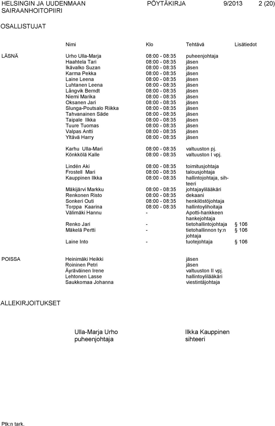 Slunga-Poutsalo Riikka 08:00-08:35 jäsen Tahvanainen Säde 08:00-08:35 jäsen Taipale Ilkka 08:00-08:35 jäsen Tuure Tuomas 08:00-08:35 jäsen Valpas Antti 08:00-08:35 jäsen Yltävä Harry 08:00-08:35