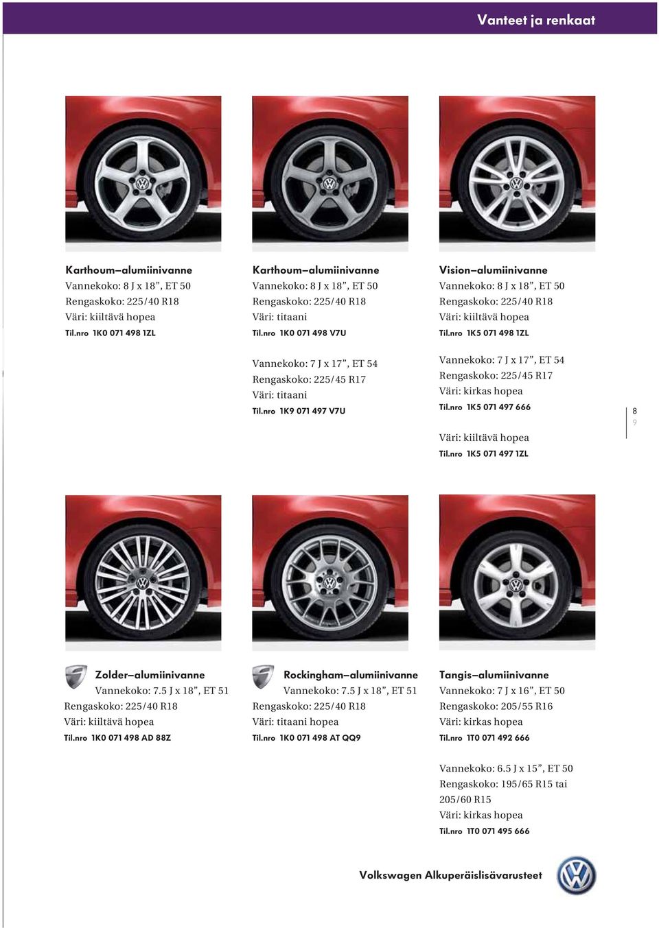 nro 1K0 071 498 V7U Vision alumiinivanne Vannekoko: 8 J x 18, ET 50 Rengaskoko: 225/40 R18 Väri: kiiltävä hopea Til.