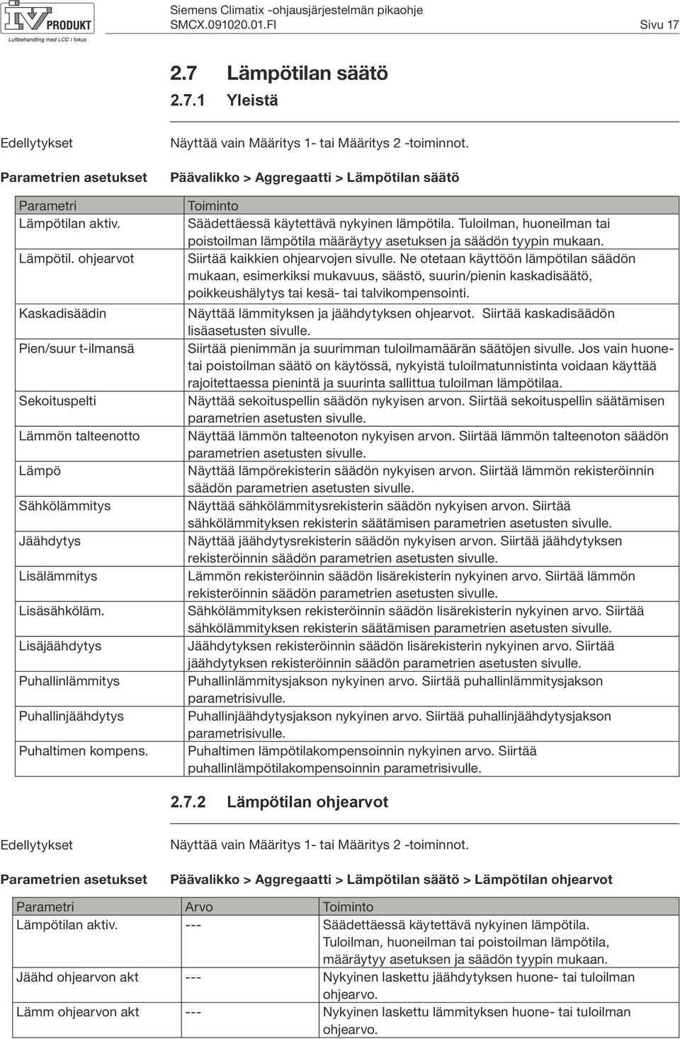 Päävalikko > Aggregaatti > Lämpötilan säätö Toiminto Säädettäessä käytettävä nykyinen lämpötila. Tuloilman, huoneilman tai poistoilman lämpötila määräytyy asetuksen ja säädön tyypin mukaan.