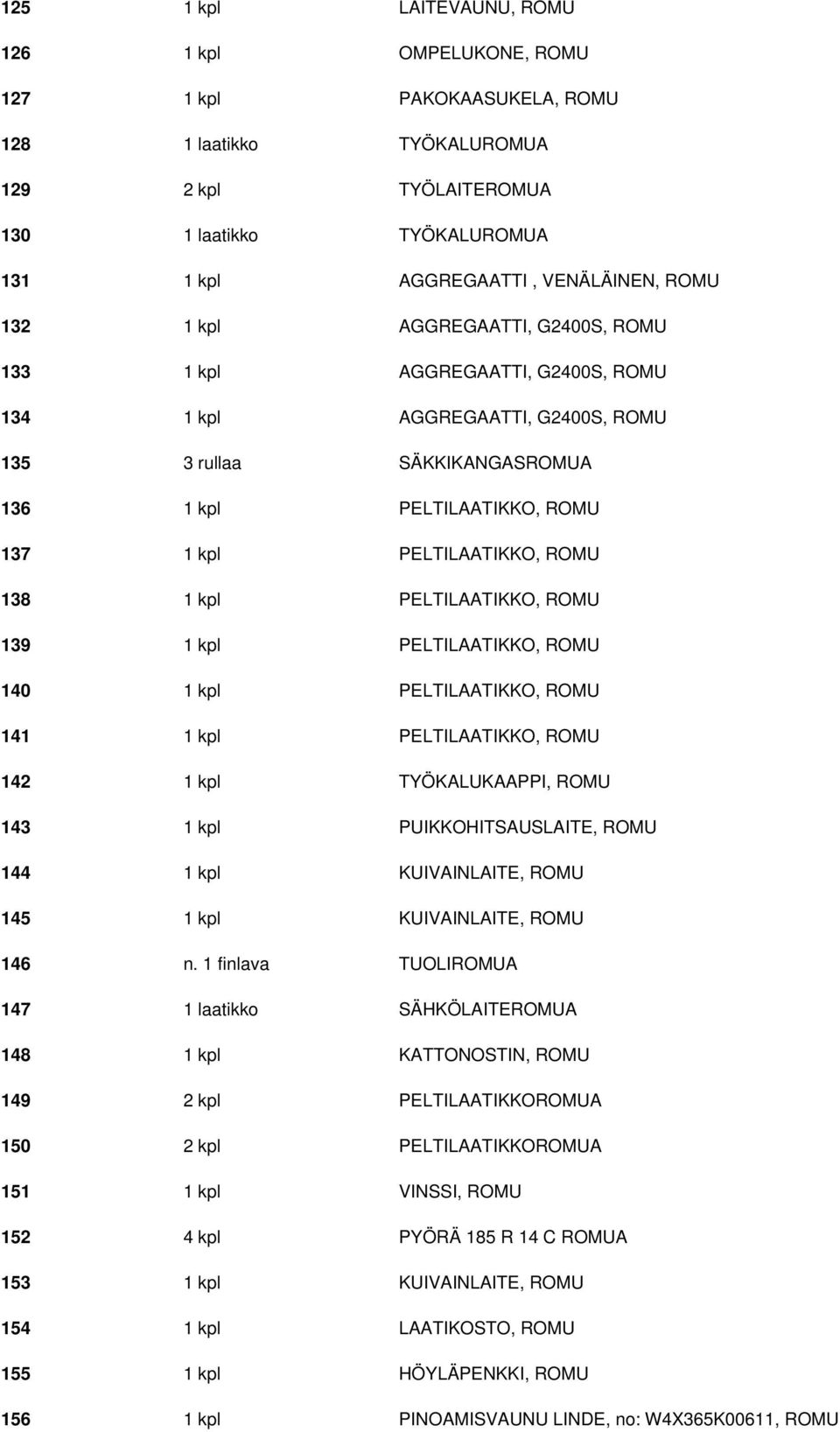 ROMU 138 1 kpl PELTILAATIKKO, ROMU 139 1 kpl PELTILAATIKKO, ROMU 140 1 kpl PELTILAATIKKO, ROMU 141 1 kpl PELTILAATIKKO, ROMU 142 1 kpl TYÖKALUKAAPPI, ROMU 143 1 kpl PUIKKOHITSAUSLAITE, ROMU 144 1 kpl