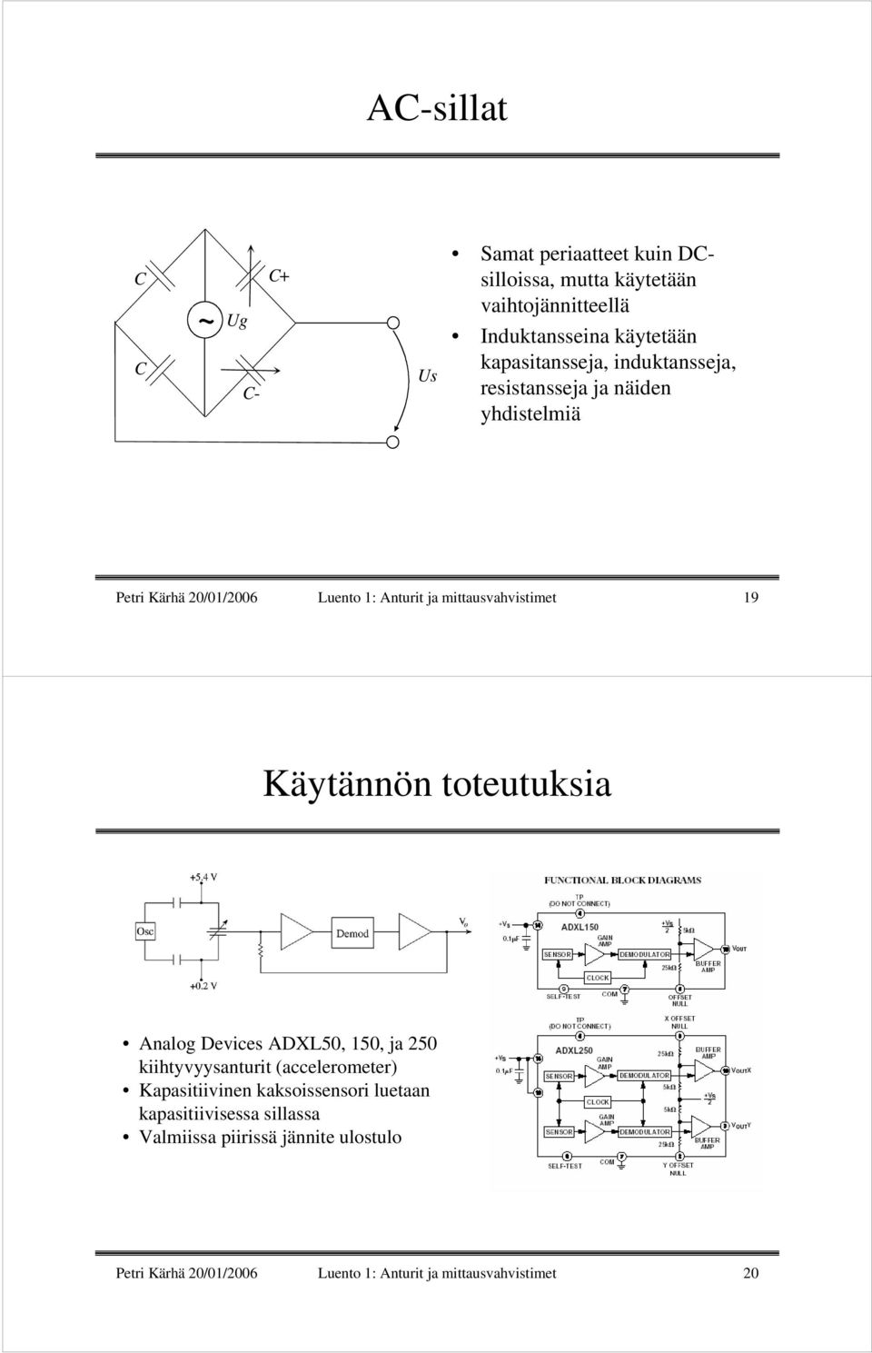 mittausvahvistimet 19 Käytännön toteutuksia Analog Devices ADXL50, 150, ja 250 kiihtyvyysanturit (accelerometer) Kapasitiivinen