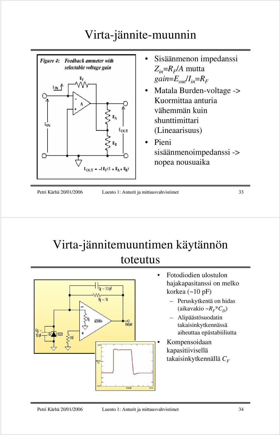 Virta-jännitemuuntimen käytännön toteutus Fotodiodien ulostulon hajakapasitanssi on melko korkea (~10 pf) Peruskytkentä on hidas (aikavakio ~R F *C D )