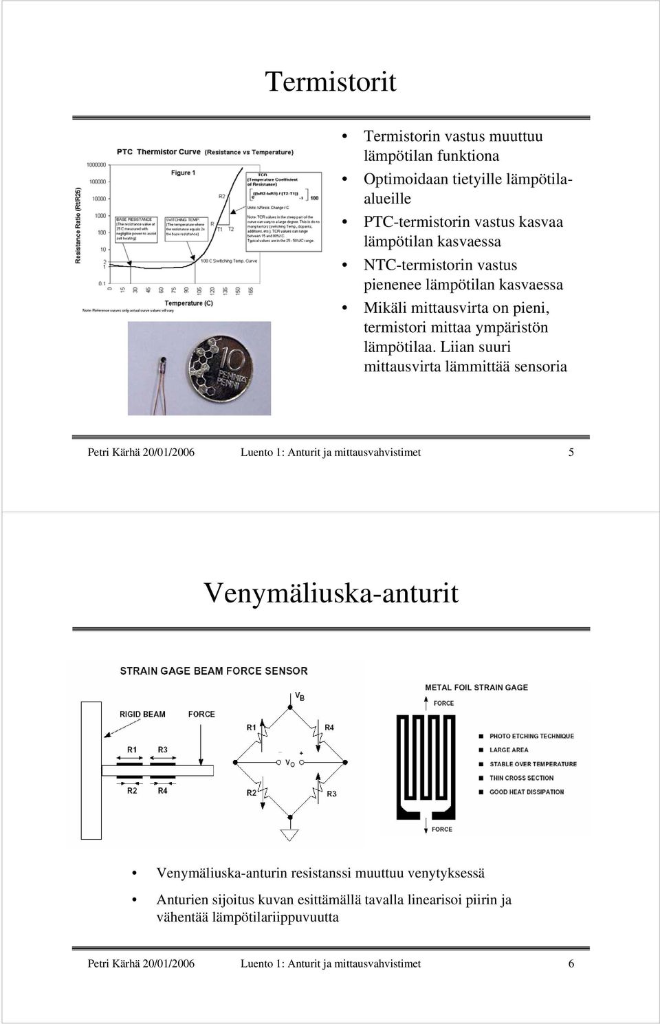 Liian suuri mittausvirta lämmittää sensoria Petri Kärhä 20/01/2006 Luento 1: Anturit ja mittausvahvistimet 5 Venymäliuska-anturit Venymäliuska-anturin