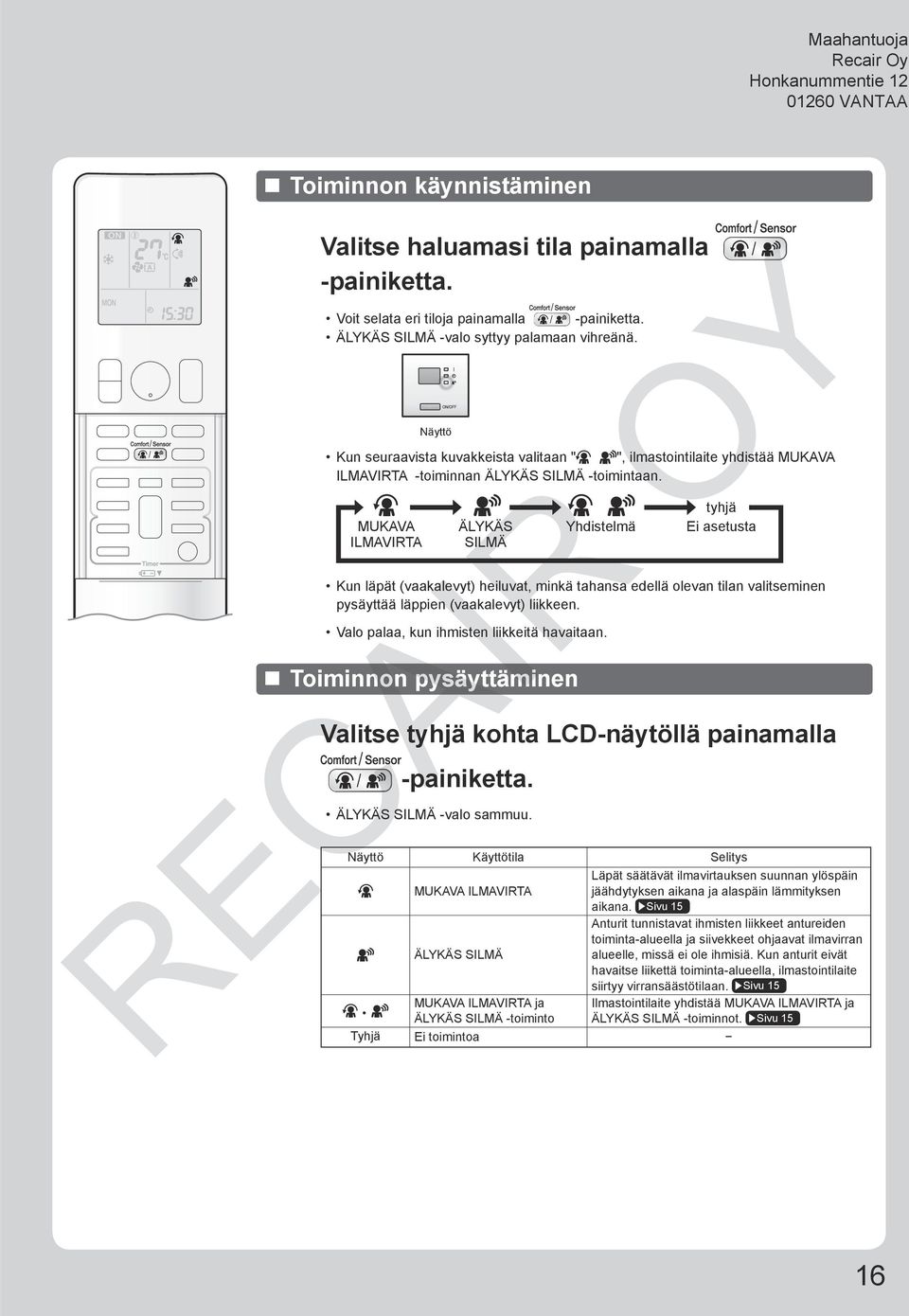 MUKAVA ILMAVIRTA ÄLYKÄS SILMÄ Yhdistelmä tyhjä Ei asetusta Kun läpät (vaakalevyt) heiluvat, minkä tahansa edellä olevan tilan valitseminen pysäyttää läppien (vaakalevyt) liikkeen.