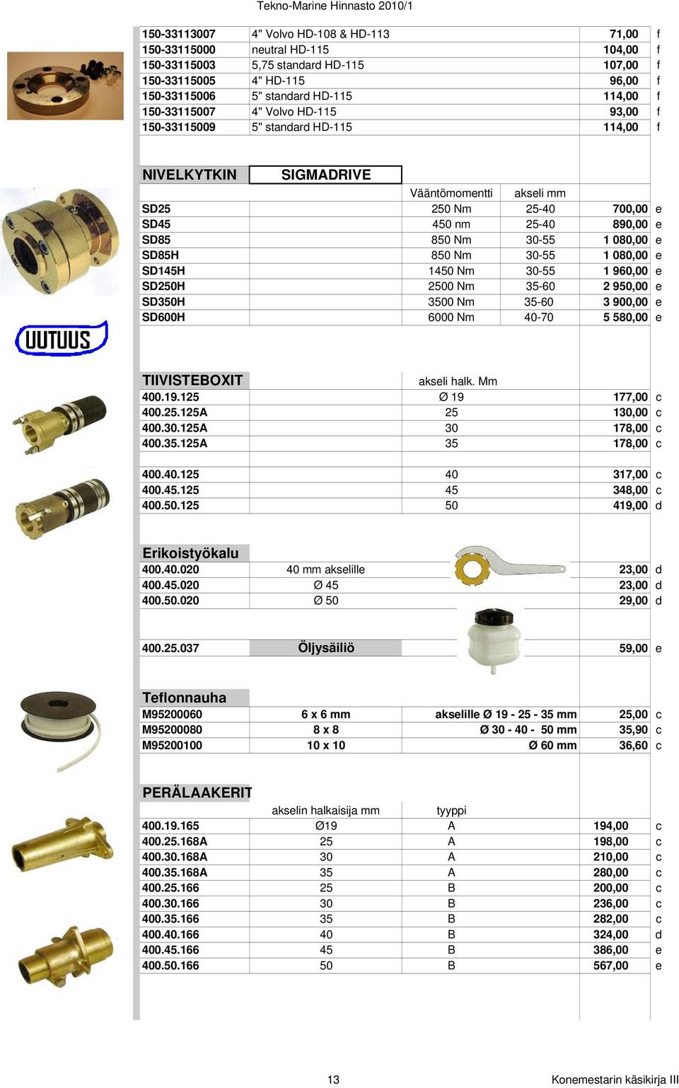 080,00 e SD85H 850 Nm 30-55 1 080,00 e SD145H 1450 Nm 30-55 1 960,00 e SD250H 2500 Nm 35-60 2 950,00 e SD350H 3500 Nm 35-60 3 900,00 e SD600H 6000 Nm 40-70 5 580,00 e TIIVISTEBOXIT akseli halk.