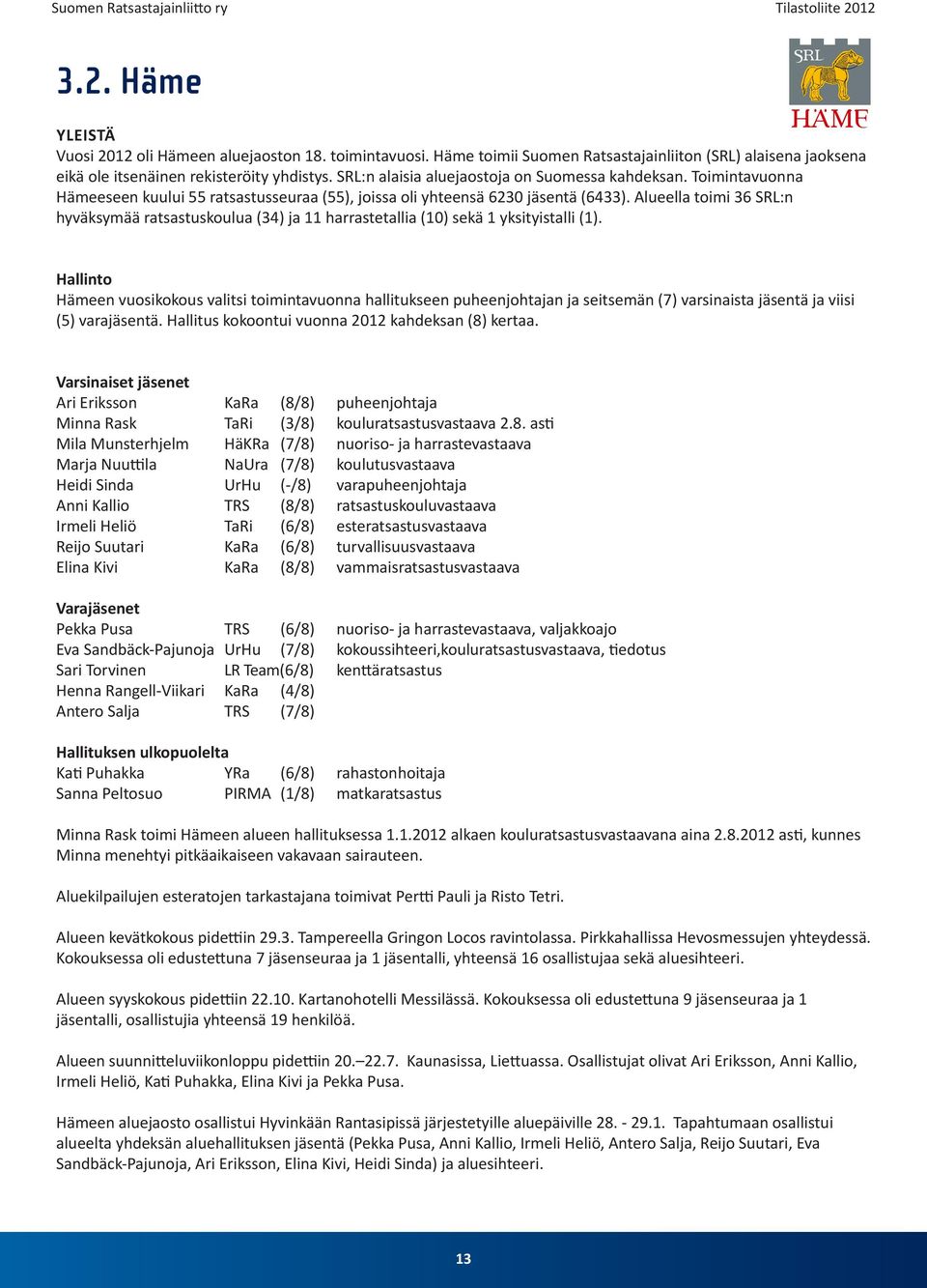 Alueella toimi 36 SRL:n hyväksymää ratsastuskoulua (34) ja 11 harrastetallia (10) sekä 1 yksityistalli (1).