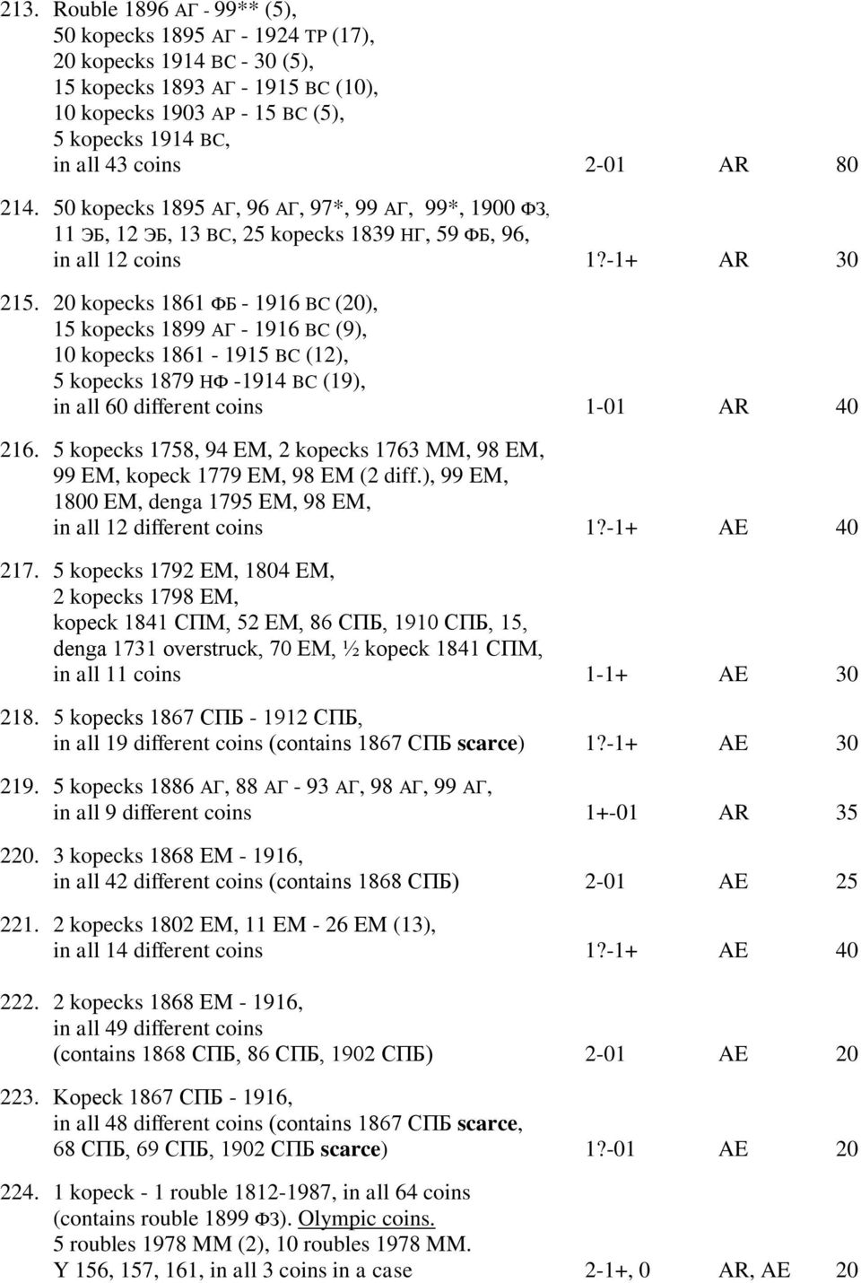 20 kopecks 1861 ФБ - 1916 BC (20), 15 kopecks 1899 АГ - 1916 BC (9), 10 kopecks 1861-1915 BC (12), 5 kopecks 1879 НФ -1914 BC (19), in all 60 different coins 1-01 AR 40 216.