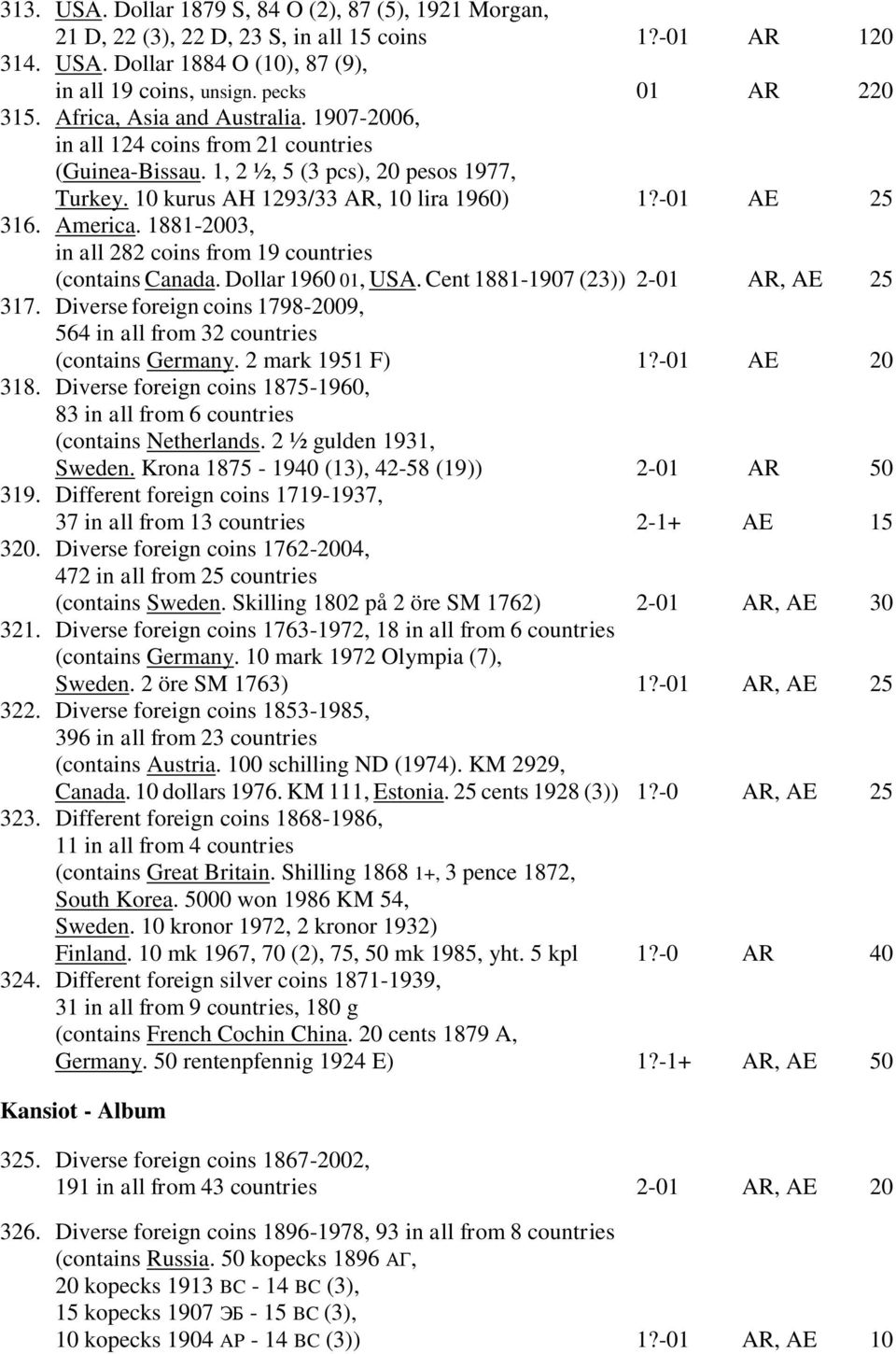 1881-2003, in all 282 coins from 19 countries (contains Canada. Dollar 1960 01, USA. Cent 1881-1907 (23)) 2-01 AR, AE 25 317.