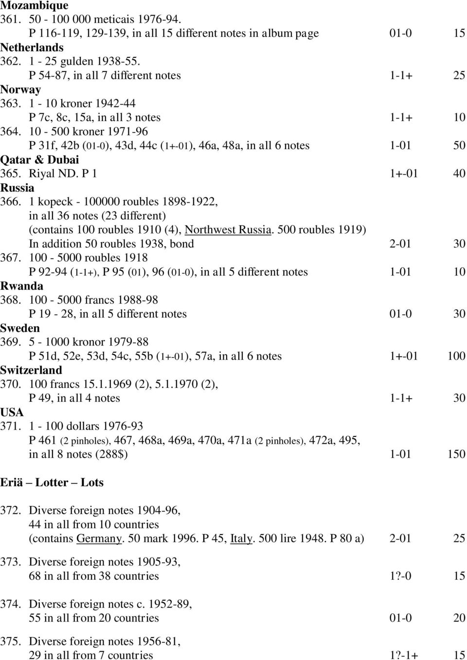10-500 kroner 1971-96 P 31f, 42b (01-0), 43d, 44c (1+-01), 46a, 48a, in all 6 notes 1-01 50 Qatar & Dubai 365. Riyal ND. P 1 1+-01 40 Russia 366.