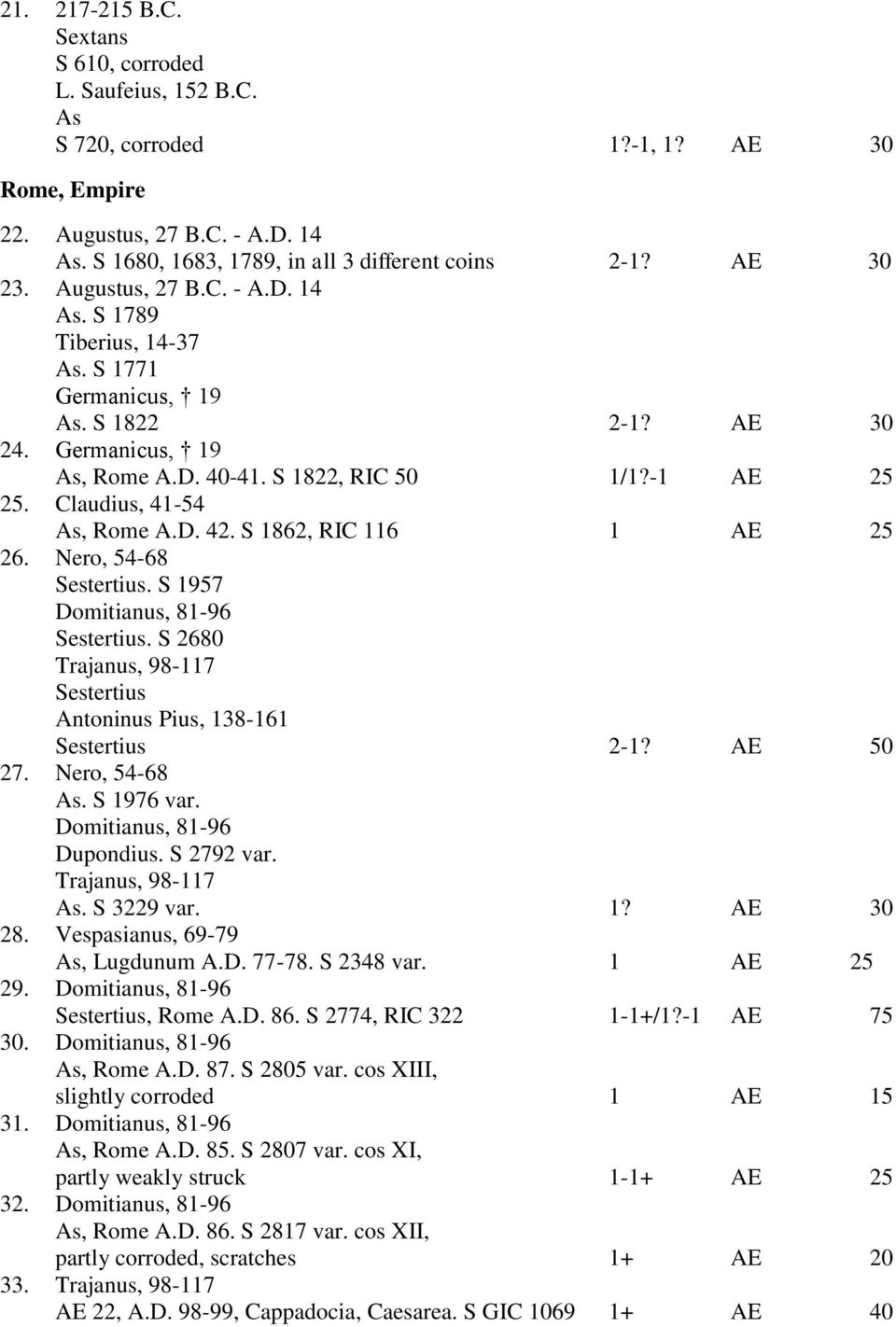 Claudius, 41-54 As, Rome A.D. 42. S 1862, RIC 116 1 AE 25 26. Nero, 54-68 Sestertius. S 1957 Domitianus, 81-96 Sestertius. S 2680 Trajanus, 98-117 Sestertius Antoninus Pius, 138-161 Sestertius 2-1?