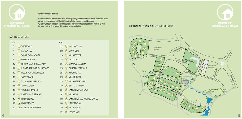 Kohdetietoluettelo perustuu rakennuttajilta ja näytteilleasettajilta saatuihin tietoihin ja ovat tilanteen 0..03 mukaisia. Muutokset ovat mahdollisia.