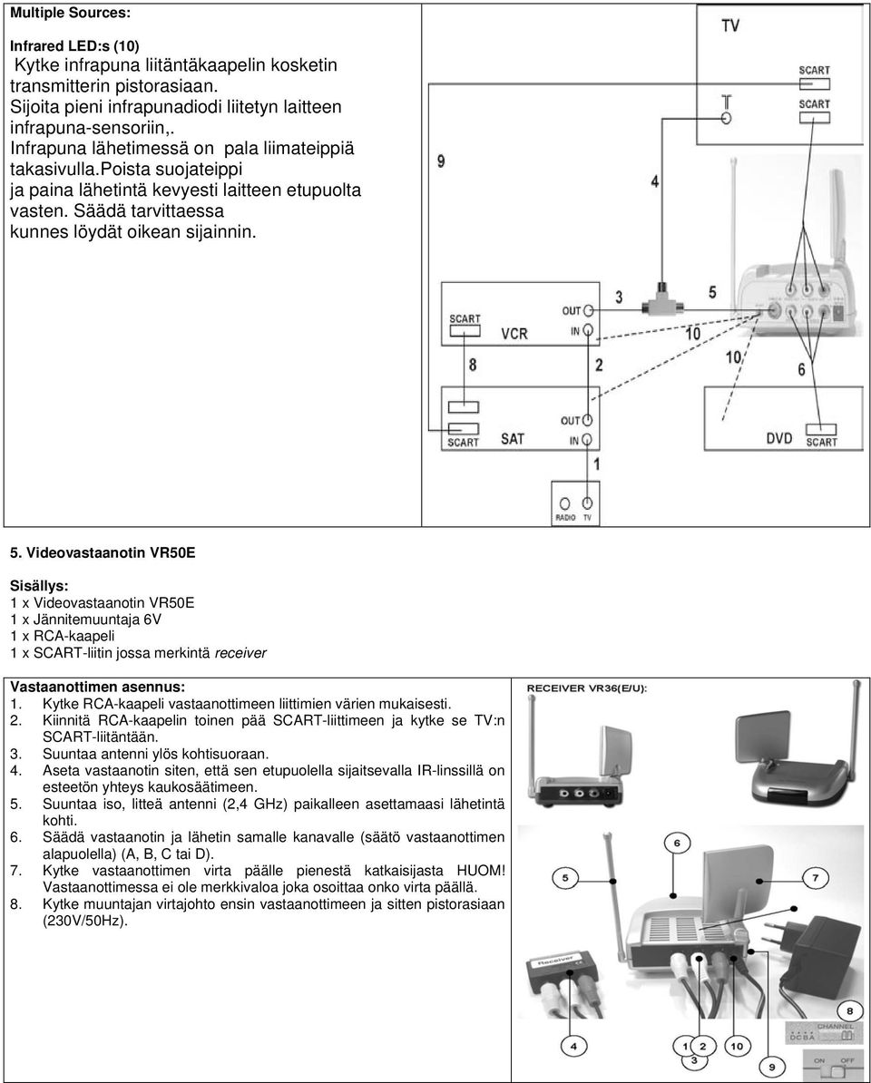 Videovastaanotin VR50E Sisällys: 1 x Videovastaanotin VR50E 1 x Jännitemuuntaja 6V 1 x RCA-kaapeli 1 x SCART-liitin jossa merkintä receiver Vastaanottimen asennus: 1.